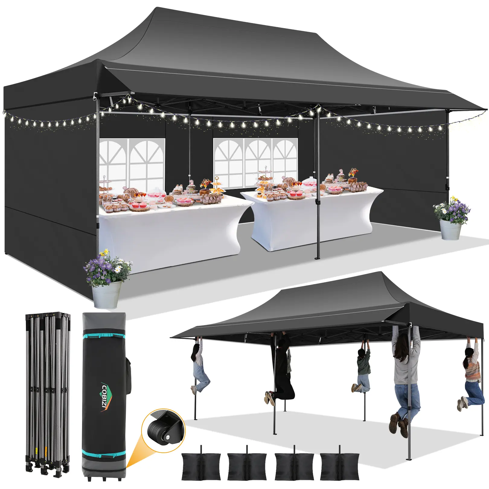 COBIZI 10x20 Pop Up Outdoor Canopy with Sidewalls, Heavy Duty Tent  with Removable Awning