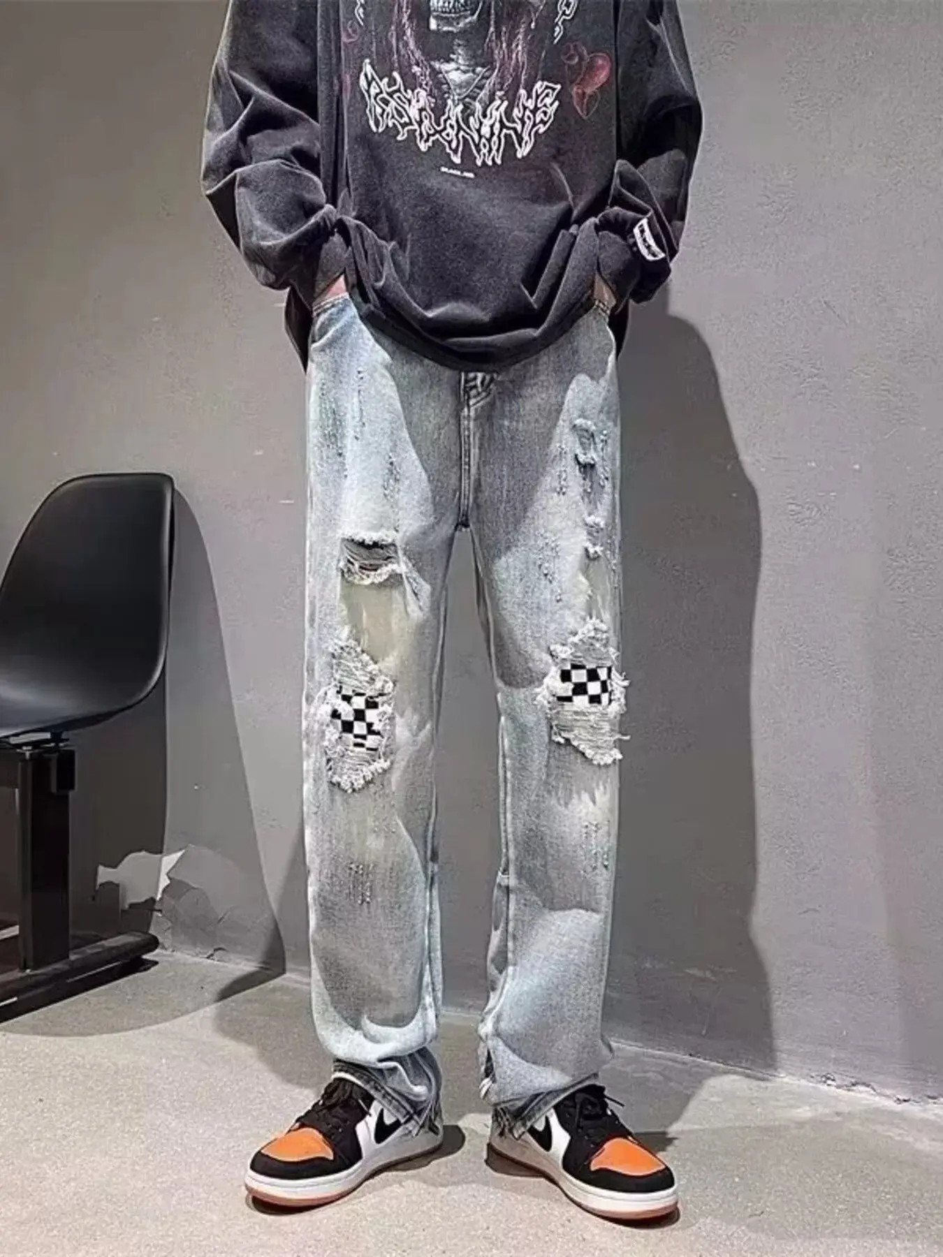 Men's Full Size Ripped Checkerboard Patchwork Jeans Plus Size