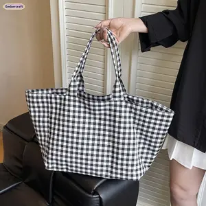 Women's Plaid Canvas Tote Bag - Large Capacity, Lightweight Reusable Shoulder Commuter Bag for Work, Grocery Use, Tote Bags