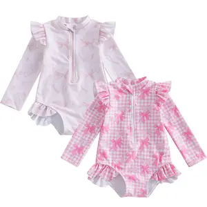 Toddler Infant Baby Girl Swimsuit Long Sleeve Rash Guard  Bow Plaid Zipper Bathing Suit Ruffled Beach Wear