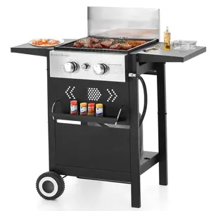 PHI VILLA 2-Burner Gas BBQ Grill with Flat Top, Side Shelves, Lid & Hose, 20,000 BTU, Black, Ideal for Camping and Quick Diner Prep Outdoor Barbecue Portable Food