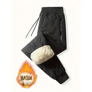 Manfinity Homme Men Letter Graphic Drawstring Waist Thermal Lined Pants, Going Out Long Baggy Plain Black Pants, For Husband, Boyfriend Gifts, For Fall Winter casual home warm winter pant