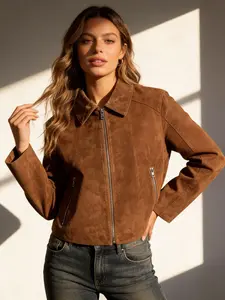 Women's Vintage Suede Short Jacket, Spring & Fall Fashion High-End Casual Travel Commute Warm Coat