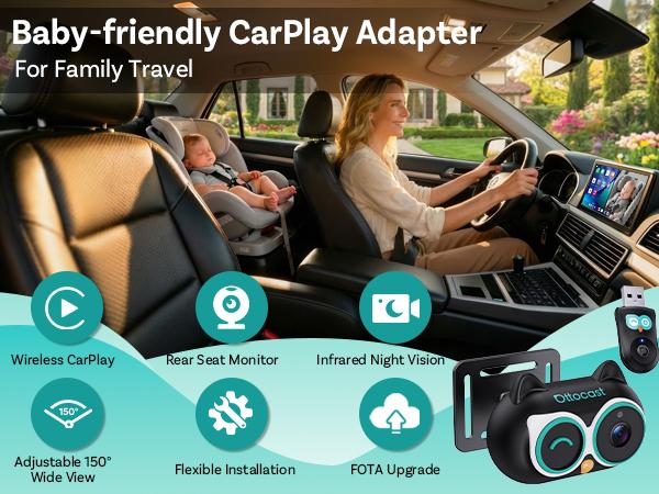 OTTOCAST Baby Car Camera &Wireless CarPlay Adapter,1080P HD Rear Seat Monitor Display on Car Screen,150°Wide Angle No-Glow Night View, Safety for Kids & Infants