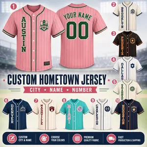 Personalized Hometown Baseball Jersey – Custom Name & Number – Unisex Pinstripe Button Front Sports Shirt – Retro City Team Style for Men, Women, Families & Groups