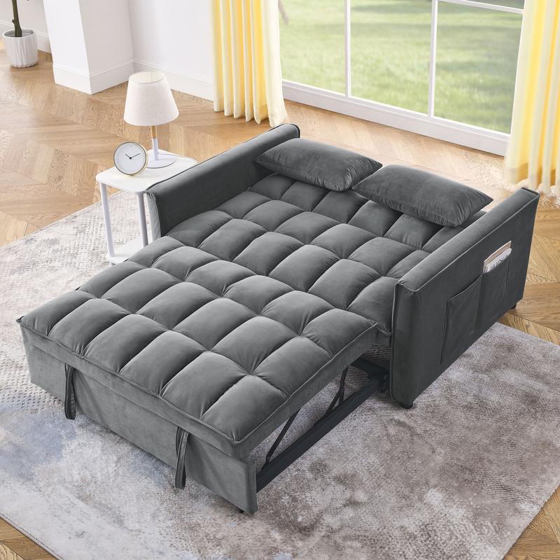 3 in 1 Convertible Sleeper Sofa Bed, Loveseat Futon Couches for Living Room with Side Pocket | Adjustable Backrest| Velvet Fabric | Pull Out Couch | Sectional Sofa Bed, Gray