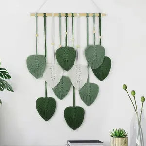 1 Pc Macrame Wall Hanging Leaves Woven Tapestry, Boho Chic Wall Home Decor Modern Bohemian Feather Handmade Yarn Tassels Leaf Wall Art Decorations for Living Room Bedroom Nursery Backdrop Apartment Dorm