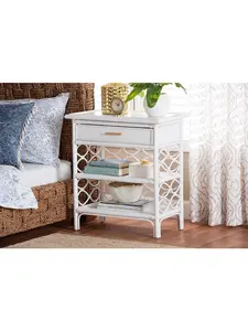 212 MAIN Akane Lattice Design Boho Natural Rattan Nightstand with Drawer & Open Shelves - White, Nightstand with Drawers, Boho Rattan Nightstand
