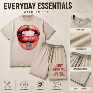 Just Kiss Me Oversized Vintage Washed Tshirt & Short Set Streetwear Graphic Print 2 Piece Matching Set, Y2K Hip Hop outdoorfun