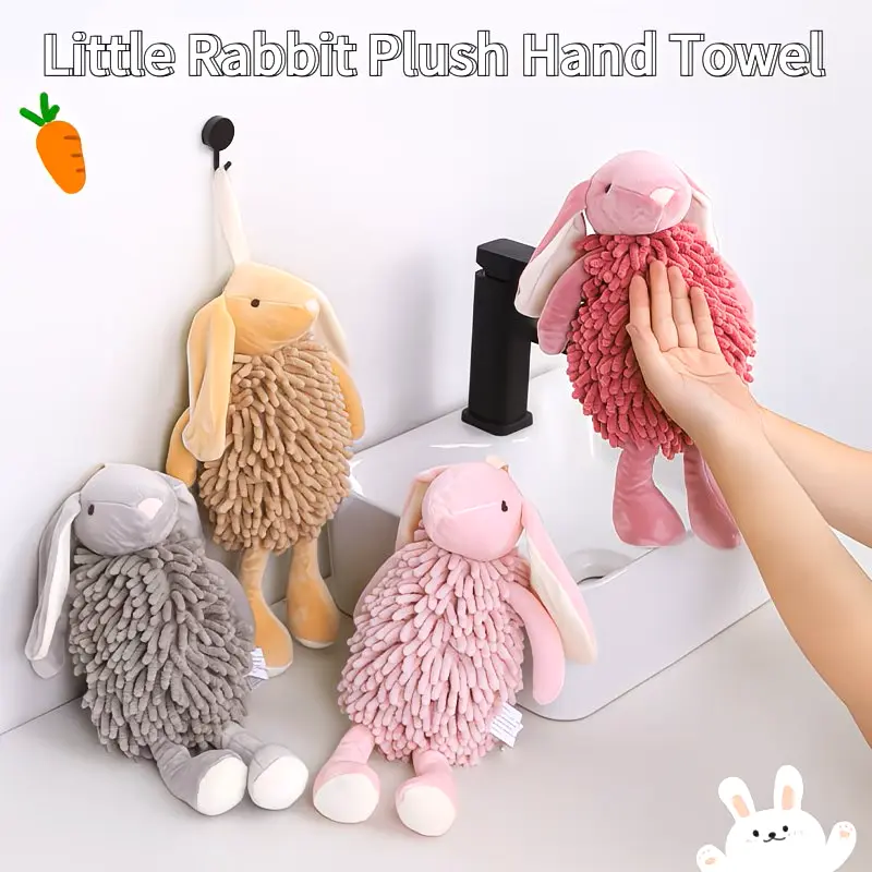 Cute Bunny Chenille Hanging Hand Towel, Soft Plush, Super Absorbent, Quick Dry Bathroom Accessory for Kitchen and Bathroom Sink Use