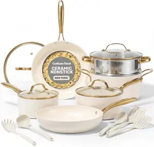 Gotham Steel 15 Pc Pots and Pans Set Non Stick Ceramic Cookware Set Non Stick, Elegant Pot and Pan Set with Gold Handle Finish, non stick pots and pan set with Utensils and Steamer, Cream/Gold