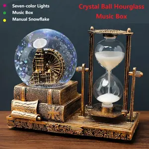 Crystal Ball Hourglass Music Box with Vintage Copper Design 7 Color Lights & Manual Snowflake Feature 16x8x13CM Home Decor Gift Creative Decorative Clock