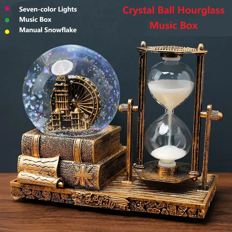 Crystal Ball Hourglass Music Box with Vintage Copper Design 7 Color Lights & Manual Snowflake Feature 16x8x13CM Home Decor Gift Creative Decorative Clock
