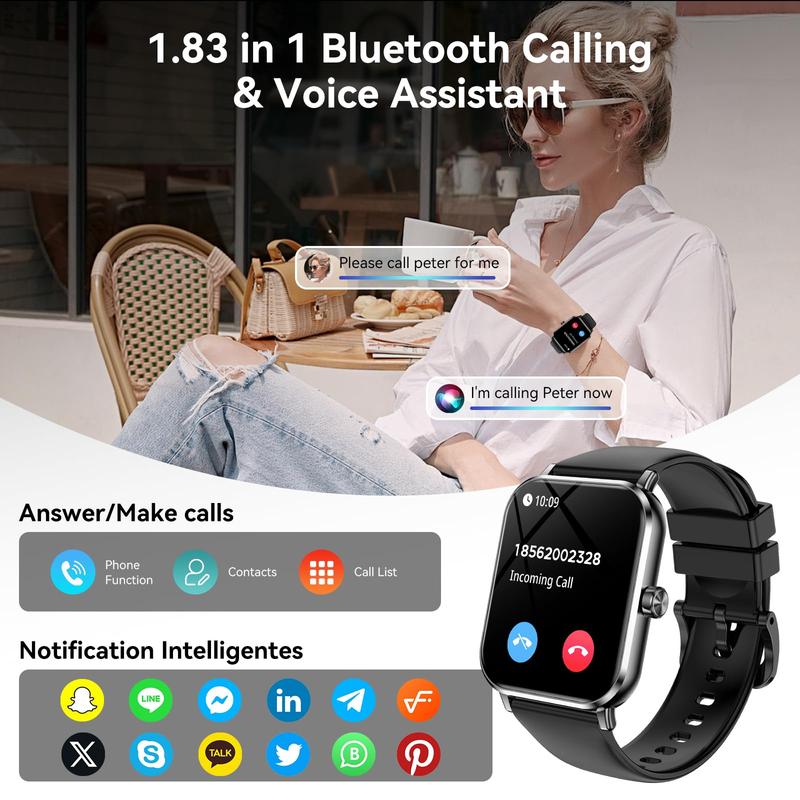 Smart Watch, 1.83" HD Smartwatch for Men Women with 120 Sports Modes, Bluetooth Call & Make Call, Health, Fitness & Sleep Tracker, 5 ATM Water-Resistance, Fitness Watch for Android/iOS, Black,Pedometer Watch No APP/Phone Required Smartphone Wearable