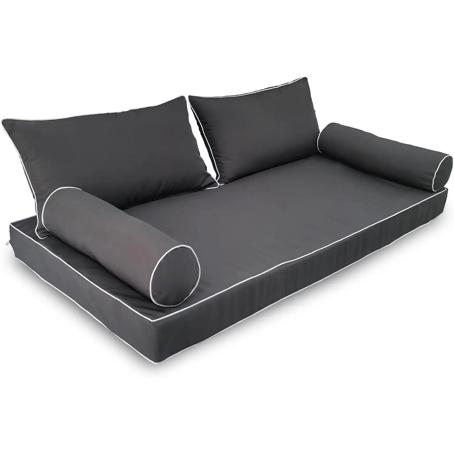 Dark Gray Outdoor Twin Size Daybed Cushion with Bolster Pillow and Fitted Sheet Covers - Outdoor Use, 75*39*6 in, 75*39*6 Inches