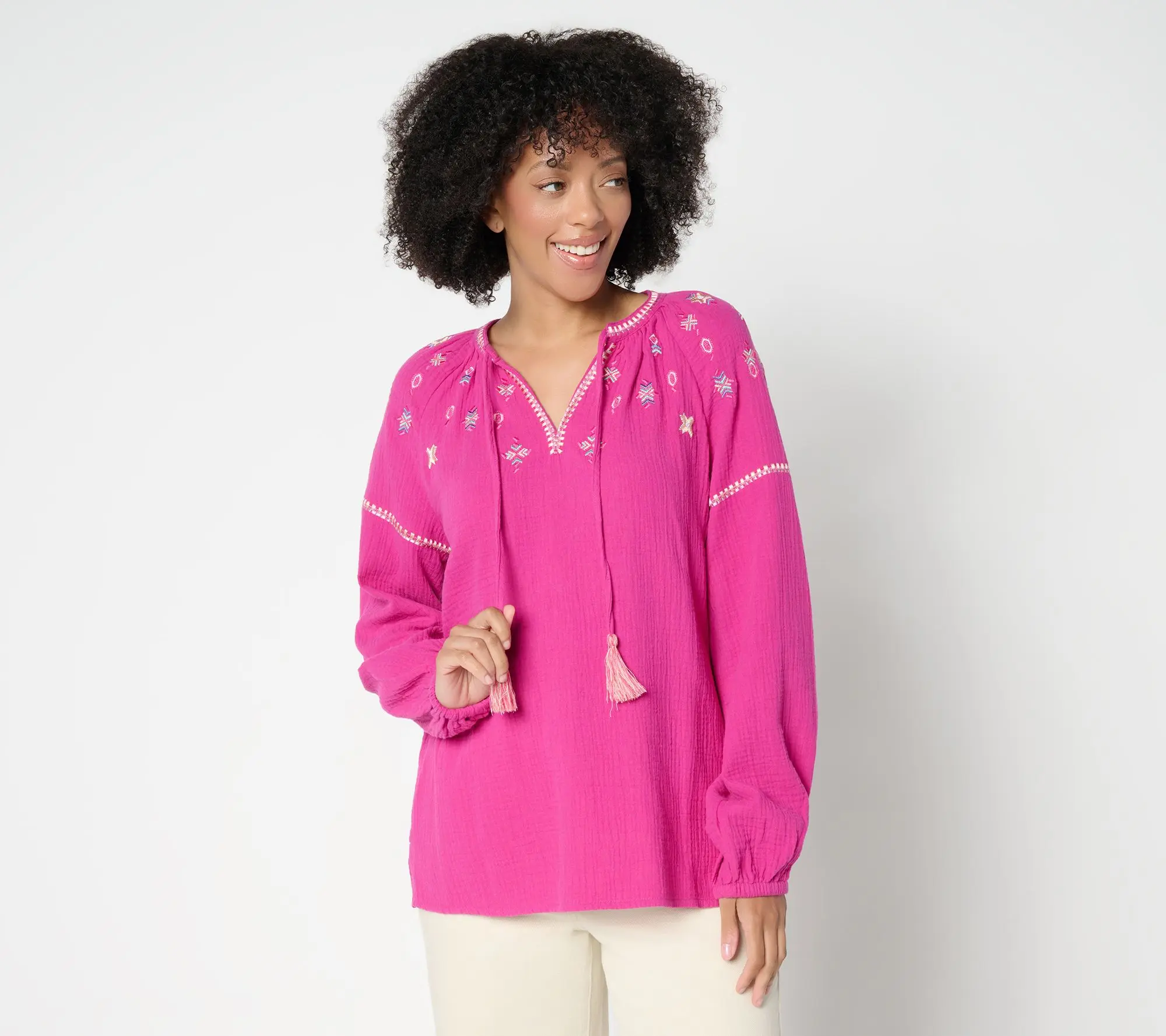 Belle by Kim Gravel Summer Sunset Cotton Gauze Tassel Top