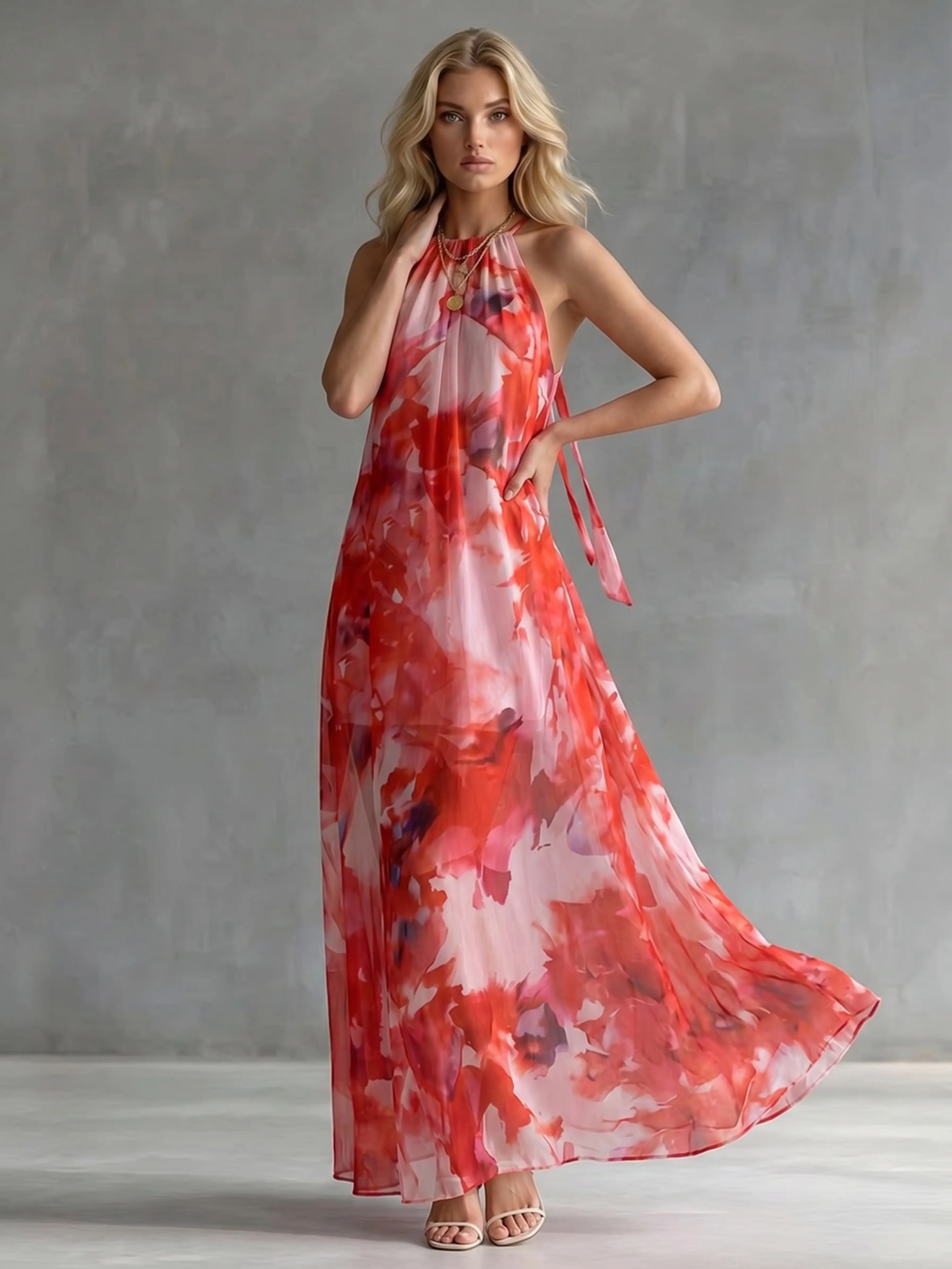 LikeMyChoice 2026 Women’s Chiffon Red Pink Watercolor Halter Maxi Dress - Open Back, Flowy Hem, Beach Wedding Guest Dress