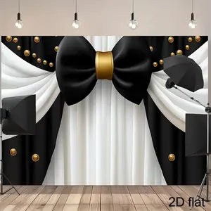 1PC,2D Flat Black and White Gold Bow - Themed Backdrop, Event Decoration & Photography Background Cloth for Festivals, Birthdays, Parties. Ideal for Party Decor, Photo Shoots, with Elegant Curt