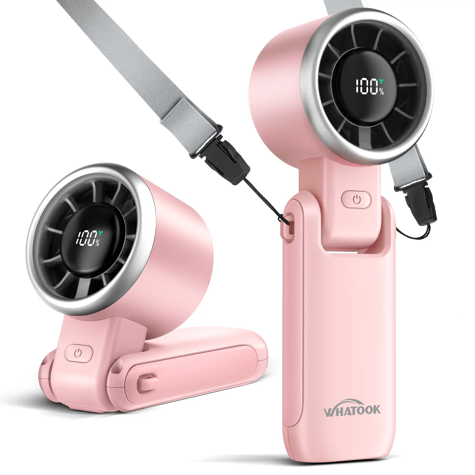 WHATOOK Portable Cordless USB Handheld Battery Operated Fan - Air Turbo Tech, 4000mAh Battery, LED Display with LED Light, 5-Gear Wind, 3-in-1 Foldable for Makeup, Outdoor Working (Portable Waist Fan Compatible)