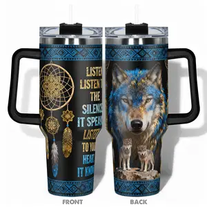 1pc Stainless Steel Cup 40oz/30oz/22oz Water Bottle Insulated Tumbler, Insulated Travel Drinkware, Design With Wolf Dreamcatcher and Native American Pattern Double-layer insulation Leakproof Large Capacity, Needed for Gym, Hiking, Travel Idea