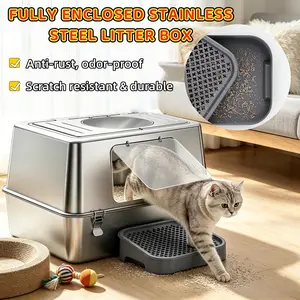 [MeynnPet]    Enclosed Stainless Steel Cat Litter Box | Rust-Proof, Odor-Free, Mildew & Scratch Resistant, Heavy Duty Durable High Sided Large Litter Box with Litter Tracking Pedal