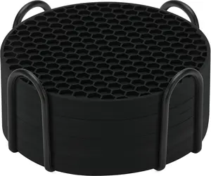 TWTLi 8-Pack Silicone Drink Coasters with Holder, Non-Slip Coaster Set for Coffee Table, Kitchen & Office, Protect Furniture from Water Rings, Heat & Spills, Black