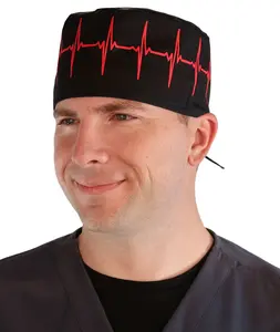 Classic Surgical Scrub Cap - Red EKG (Heartbeat) on Black