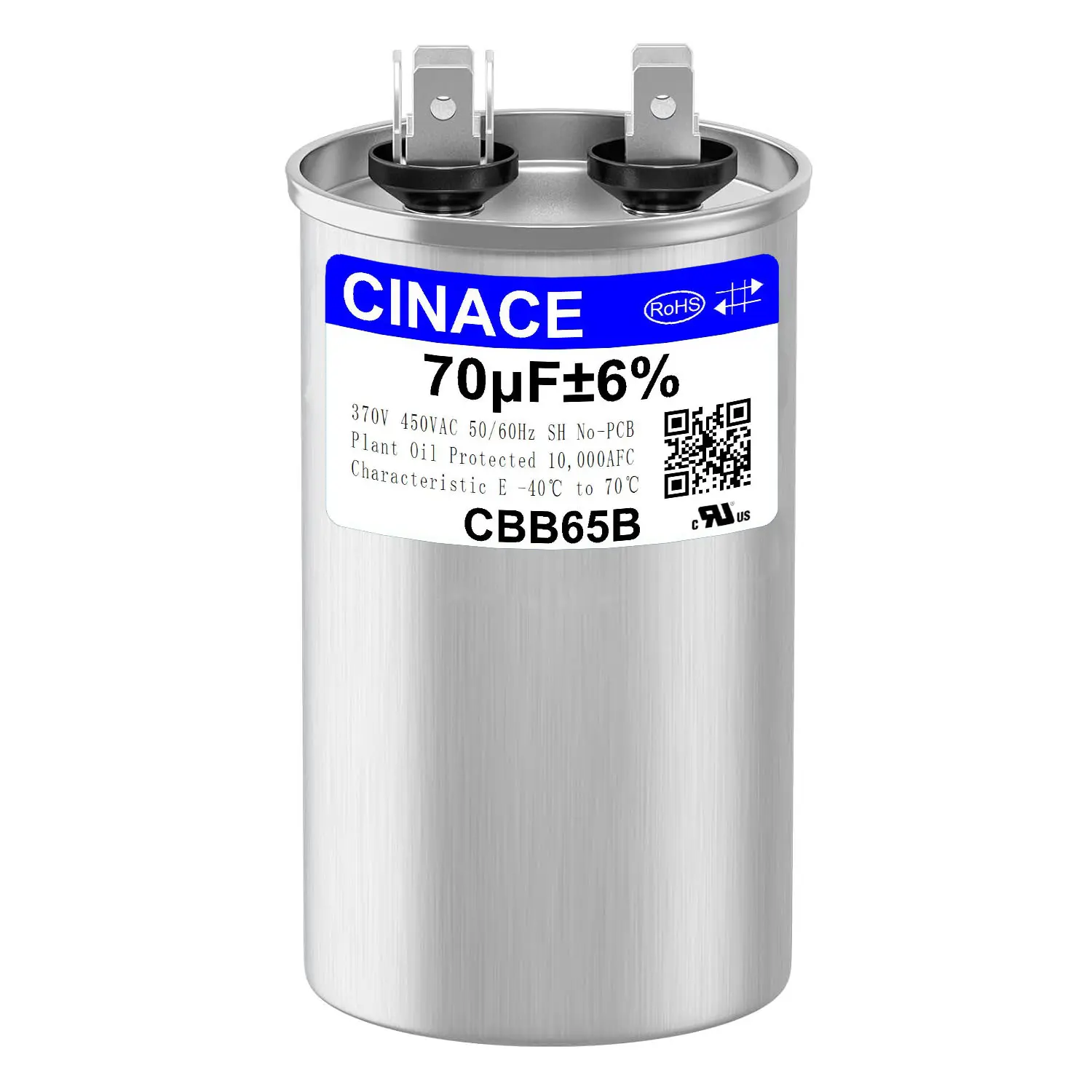 CINACE 70μF 70MFD ±6% CBB65B Round Dual Run Circular Start Capacitor, 370/450VAC 50/60Hz, AC Compressor & Fan Motor Capacitor for Air Conditioner, Condenser Straight Cool, Heat Pump, HVAC System, Ice Maker