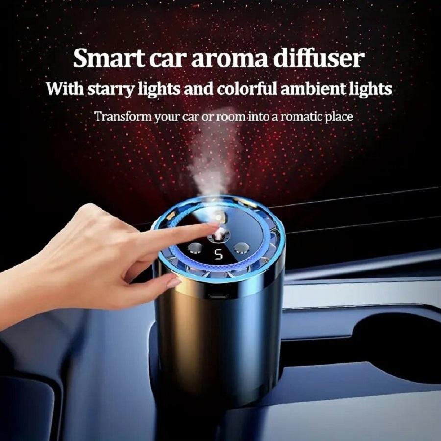 This smart car fragrance diffuser combines an air freshener, aromatherapy diffuser, humidifier, starry sky projector, and ambient lighting into one device. It can keep the air inside the car fresh for a long time
