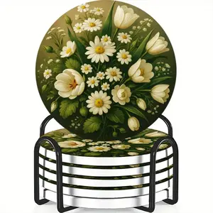 6-Piece Coaster Set Tulip & Bouquet Design Ceramic Non-Slip Heat Resistant Coffee Drink Home Restaurant Decor Ideal Gift
