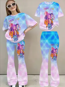 Korean New Girl Cyberpunk Anime Print Short Sleeve Fitted T-Shirt + Bell Bottom Pants Set, Casual Fashion Two-Piece for Spring & Fall