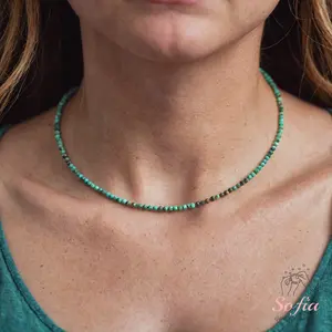 Delicate African Turquoise Beads Choker Necklace, Tiny Dainty Faceted Gemstone Beaded Necklace, Waterproof Crystal Beaded Choker, Dainty Minimalist Style for Women Handmade Adjustable, gift for her