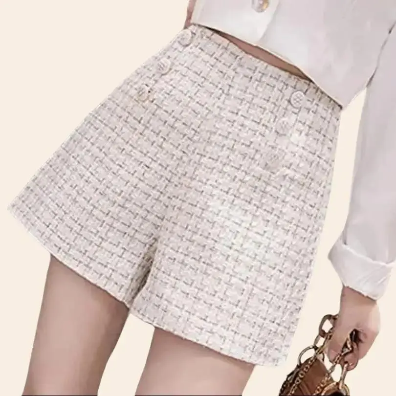 Double Button Tweed Shorts Women's High Waist Zipper Retro  Wool Office Wide-Leg Shorts Cute Elegant Style Short Pants Fashion Womenswear