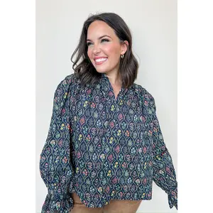 Navy Floral Patterned Long Sleeve Blouse