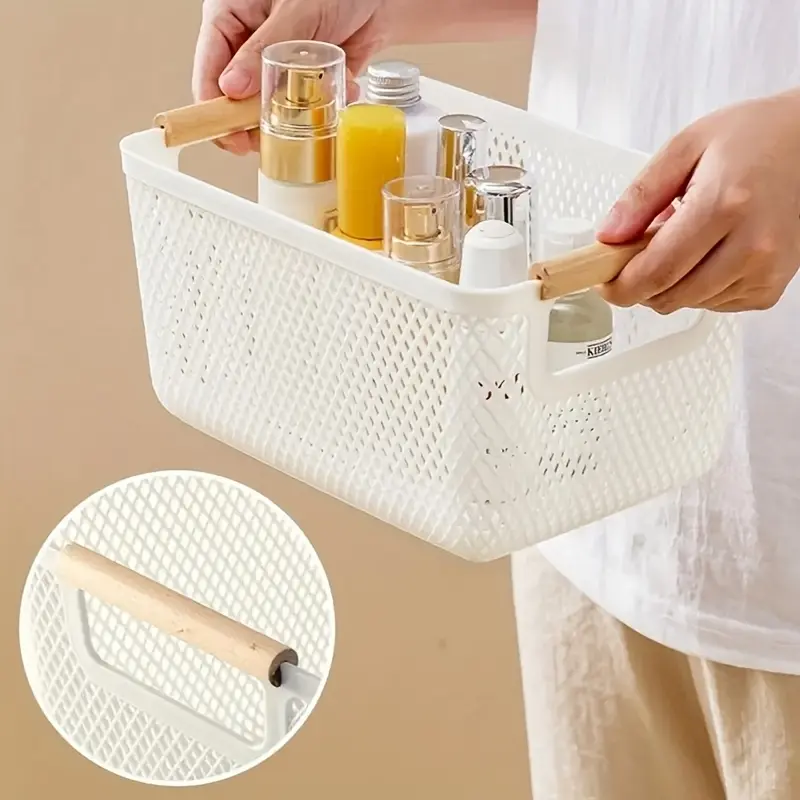 Multi-functional Plastic Storage Basket |     Modern Open-Top Design with Double Wooden Handles for Bathroom, Bedside, Desktop, Kitchen, and Outdoor Use, Shelf Baskets