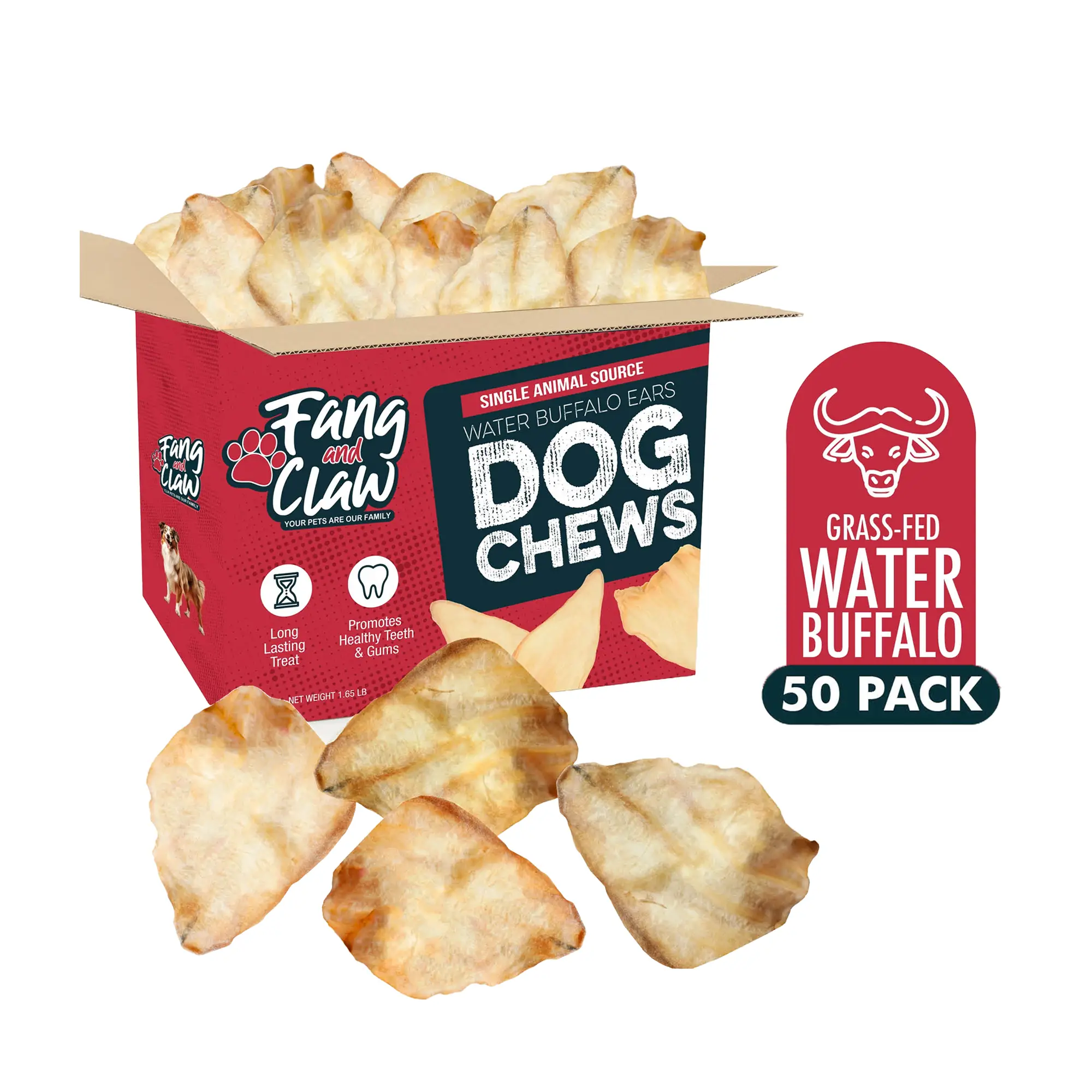 Fang & Claw Water Buffalo Ears for Dogs - 5-Inch Whole Ears, Long-Lasting Natural Dog chews healthy pet High Protein Treats
