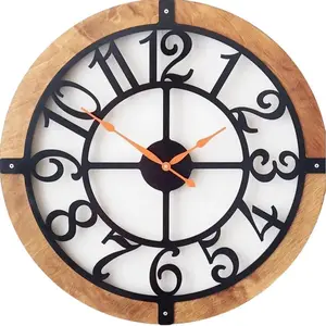 24” Large Wooden Wall Clock| Contemporary Black Numerals Orange Hands and See Through Design | Beautiful Craftmanship WallClock at Fireplace Decor Metal
