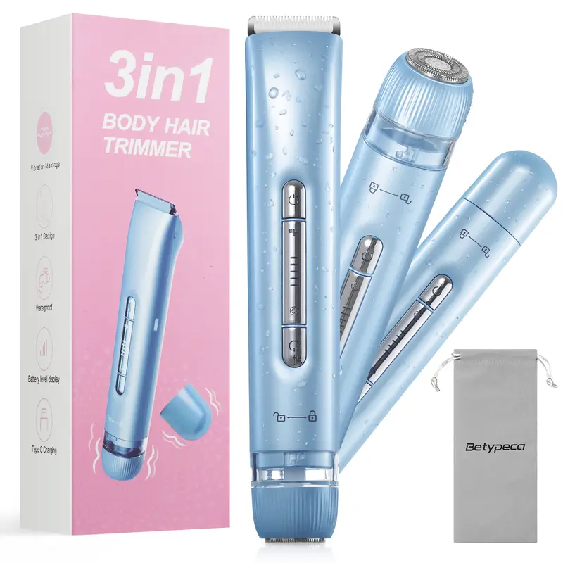 Women's 3-in-1 Plastic Body Bikini Trimmer Kit - Lightweight Trimmer, Painless USB Rechargeable Hair Remover, IPX7 Waterproof Travel Shaver with Soothing Vibration Massage, Gifts for Adulting Women Adults Self Care Beauty Gadget