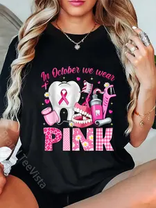 100% Cotton Unisex In October We Wear Pink Tooth Dental Breast Cancer Awareness T-Shirt Casual Graphic Printed Vintage Tshirt