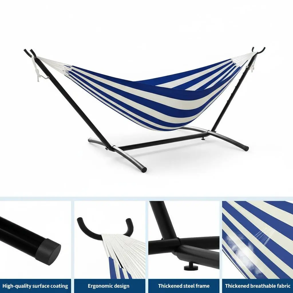 Portable Double Hammock with Stand – 450lbs Capacity Cotton Blend Hammock with Space-Saving Steel Frame & Carry Bag for Camping, Poolside, Patio or Balcony