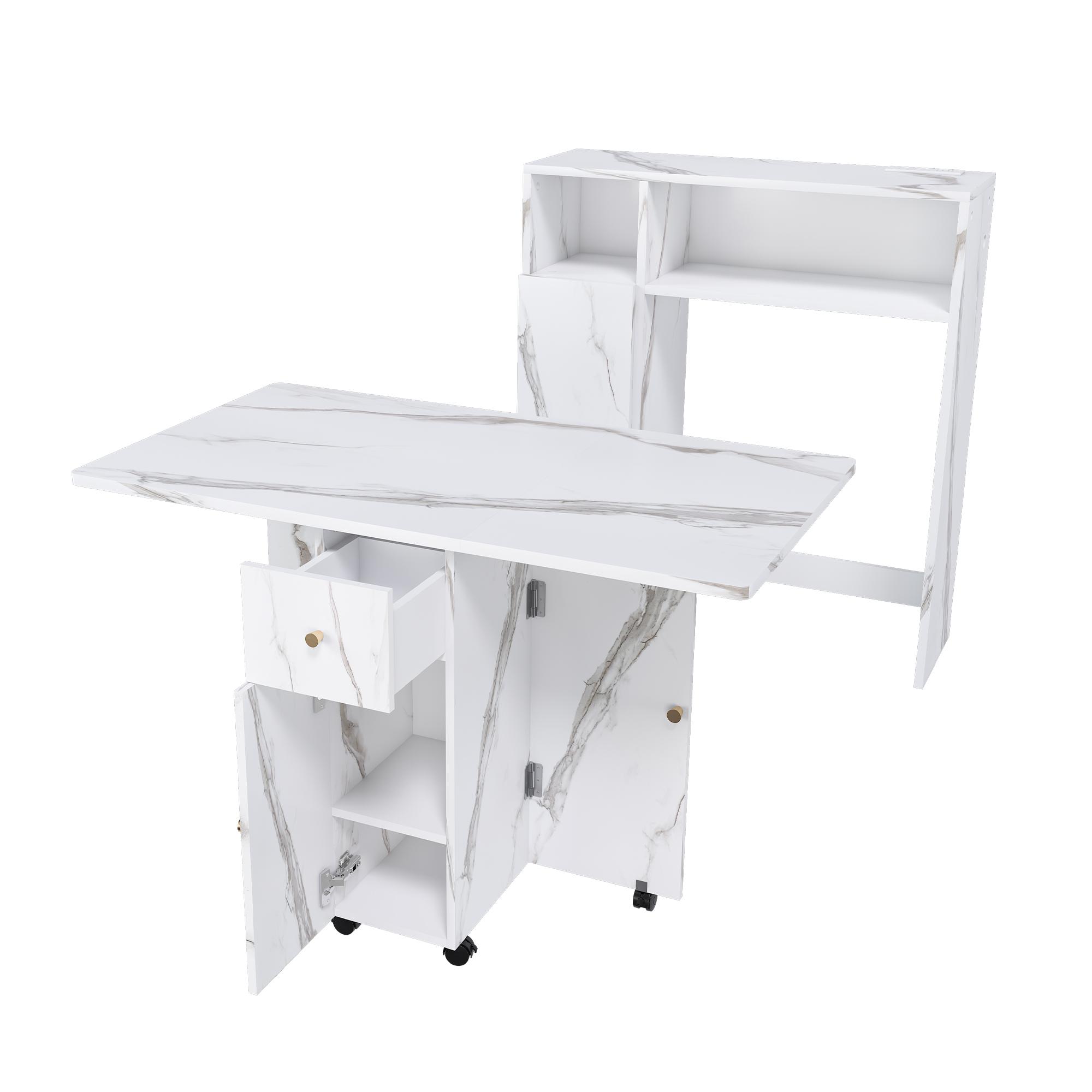 Multifunctional Folding Dining Table with Wall-Mounted Sideboard & Storage for Small Apartments - Space-Saving Foldable Desk & Table, White, 4-in-1 Power Outlet + USB, Silent Wheels, Locking Mechanism, Eco-Friendly, Apartment Essentials