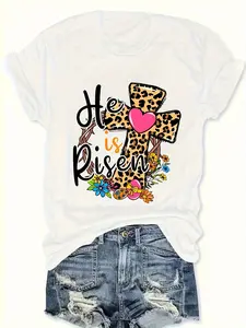 Women's Easter Short Sleeve Crewneck Sweatshirt - Soft Stretch Polyester Leopard & Floral Cross Print with "He is Risen" Lettering, Pastel Pink/Yellow/Green Spring Church Outfits, Casual Spring/Fall Sweater, Machine Washable Apparel