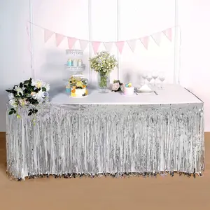Metallic Foil Fringe Table Skirt 30"x9ft Silver with Self Adhesive Backing - Tinsel Party Table Skirt