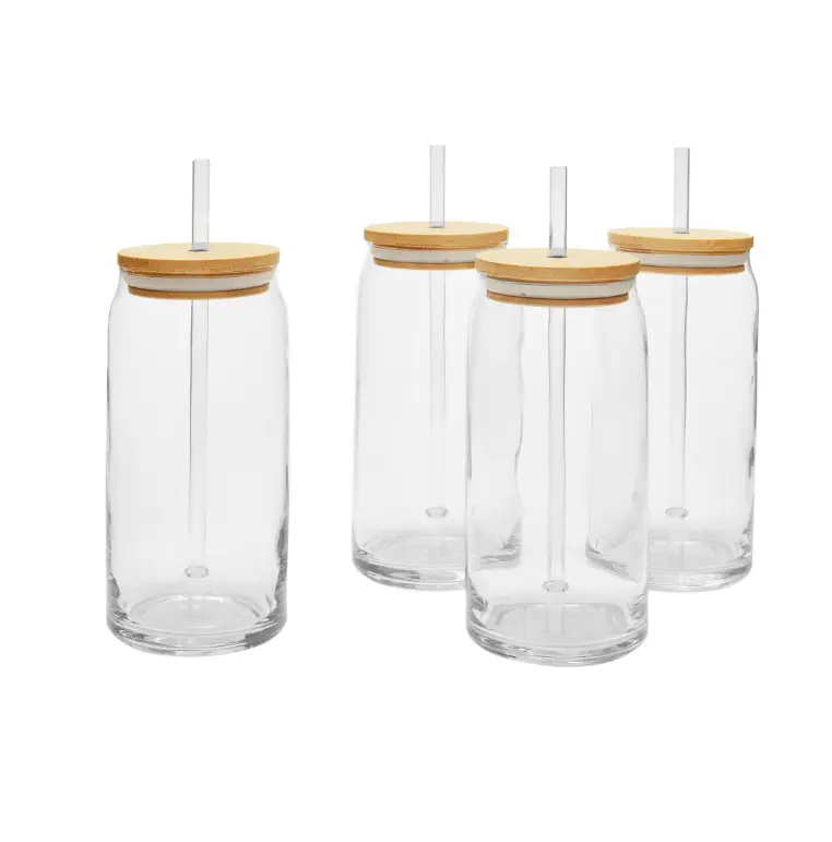 4PK Briar Can Glass Set Drinkware with Bamboo Lids and Straws Clear Glassware for Drinking