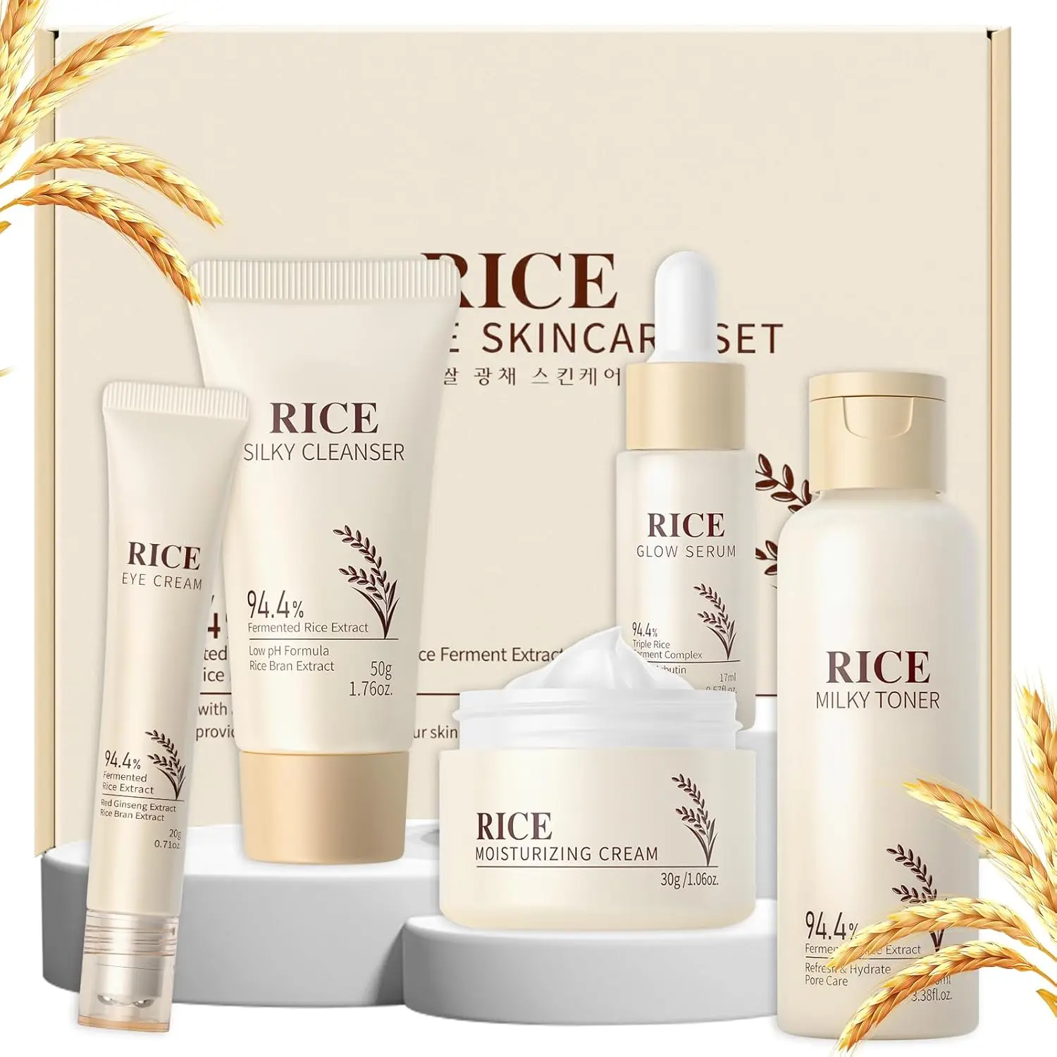 LAIKOU Skin Care Set, Korean Skin Care - Korean Beauty for Women - 5pcs | Rice Cleanser, Toner, Serum, Eye Serum, Moisturizing Cream Teen Girls Mom Daughter Mother's Day Birthday Christmas Lover