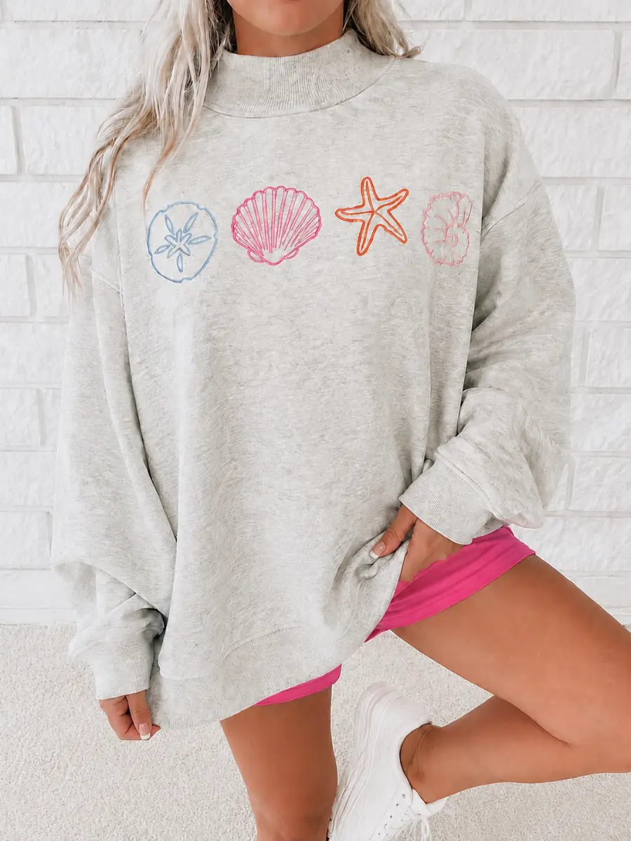 Oat Milk Grey Seashell Embroidered Mockneck Sweatshirt 100% Cotton