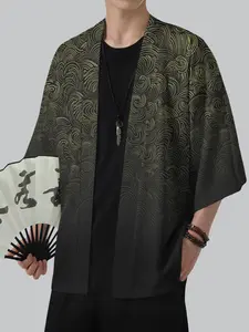 Japanese Ukiyo-E Gradient Wave Pattern Kimono Cardigan, Loose Short Sleeve Shirt, Lightweight, Men's Streetwear, Camping Essential