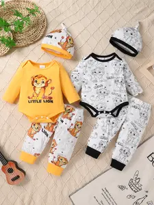 6-piece Casual And Cute Baby Boy Jumpsuit Set, Soft And Comfortable, Cartoon Lion Pattern Printed Jumpsuit, Pants And Hat