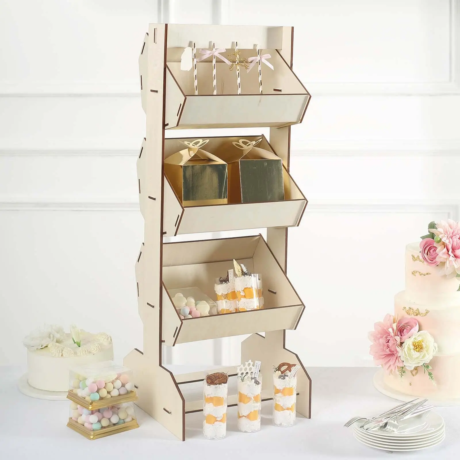 3-Tier Wooden Display Rack 33" Basket Floor Standing Design Natural - Rustic Tabletop Cupcake Dessert Shelf Holder