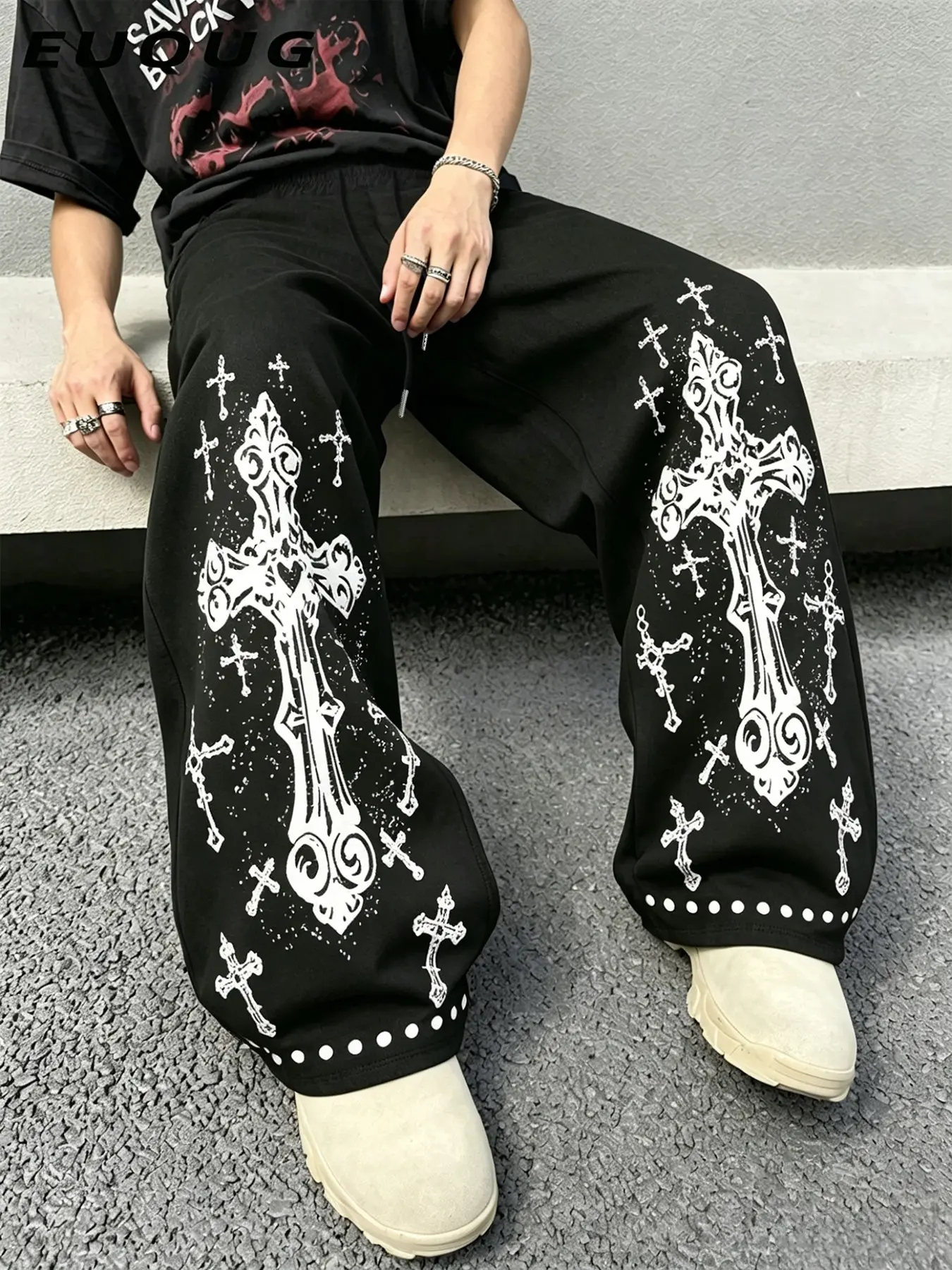 Men's Retro Cross Graphic Wide Leg Pants, Vintage Y2K Streetwear Fashion, Premium Comfortable Material, Baggy Silhouette, Suited for Brunch Dates, Festival Outfits & Modern Urban Style, Great for Versatile Grunge-Inspired Athleisure